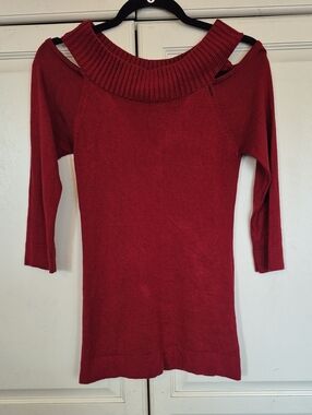 Kismet Y2K Red Cold-Shoulder Ribbed-Neck Women's Sweater